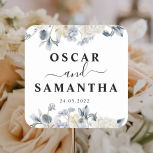 Elegant Winter Blue And White Flowers Square Sticker