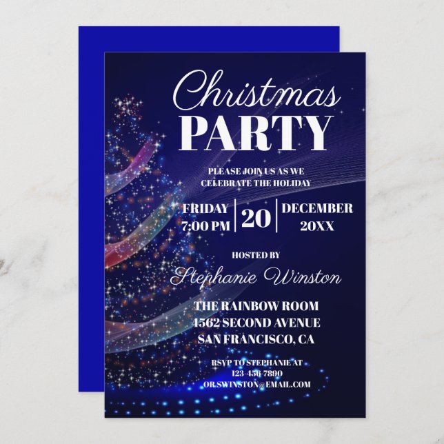 Elegant Winter Blue Christmas Tree Lights Invitation (Front/Back)