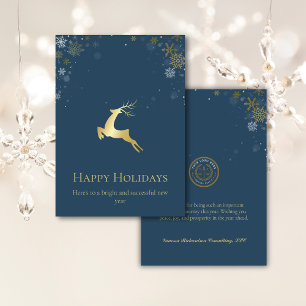 Elegant Winter Blue Gold Deer Business Logo  Holiday Card