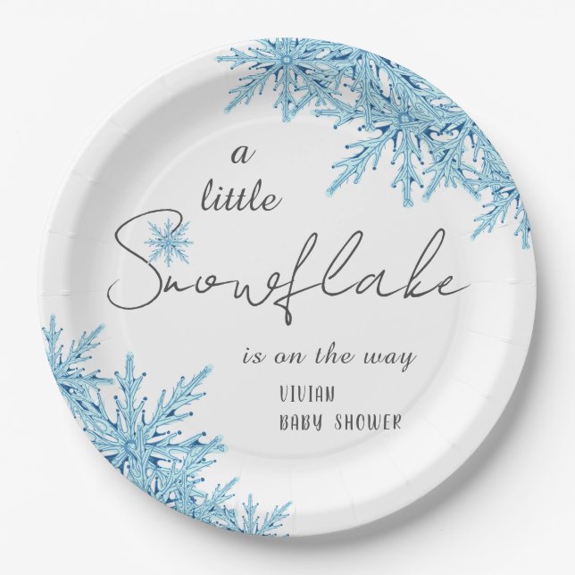 Elegant Winter Blue Little Snowflake Baby Shower Paper Plate (Front)