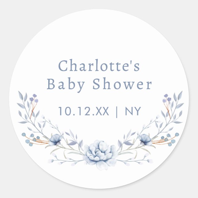 Elegant Winter Blue Wilflower Floral Baby Shower  Classic Round Sticker (Front)