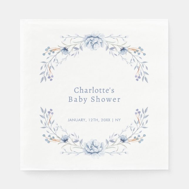 Elegant Winter Blue Wilflower Floral Baby Shower  Napkin (Front)