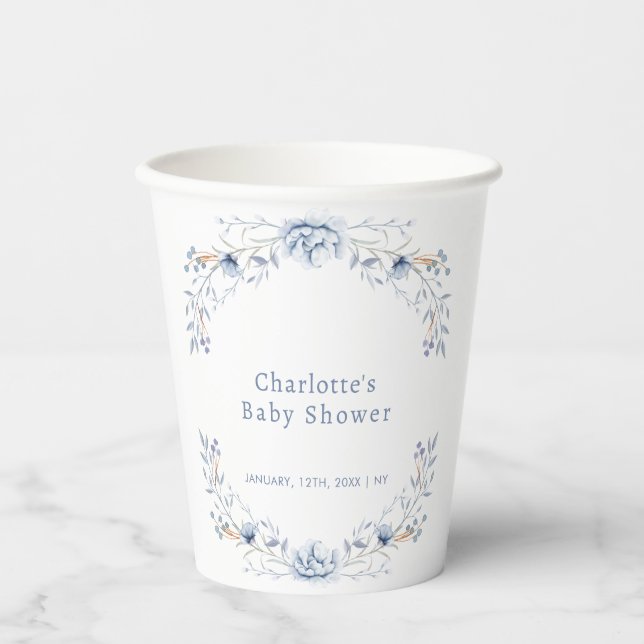 Elegant Winter Blue Wilflower Floral Baby Shower  Paper Cups (Front)