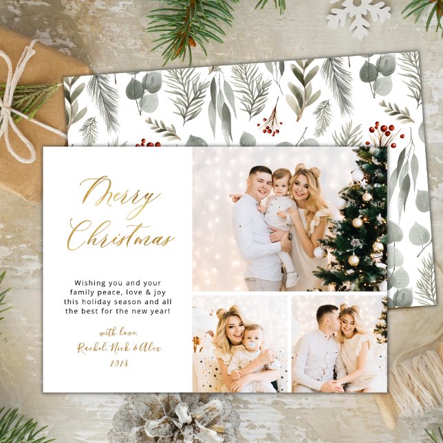 Elegant Winter Botanical 3 Multi Photo Christmas Holiday Card (Creator Uploaded)
