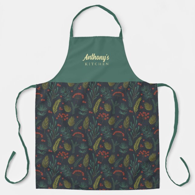 Elegant Winter Botanical All-Over Print Apron (Front)