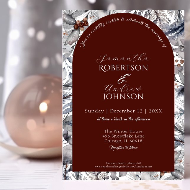 Elegant Winter Botanical Dark Red Arch Wedding Invitation (Creator Uploaded)
