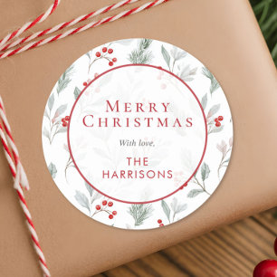 Elegant Winter Botanical Merry Christmas Holiday Classic Round Sticker