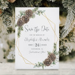 Elegant Winter Botanical Pine Wedding Save The Date<br><div class="desc">This elegant winter-themed wedding save the date card features trendy modern calligraphy script, and a gold geometric frame decorated with watercolor greenery, pine cones and winter evergreen branches, accented with snowberries. On the back is a green watercolor texture. Find the matching wedding invitation suite and more matching products in the...</div>