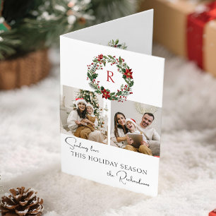Elegant Winter Botanical Wreath w/Monogram 2-Photo Holiday Card