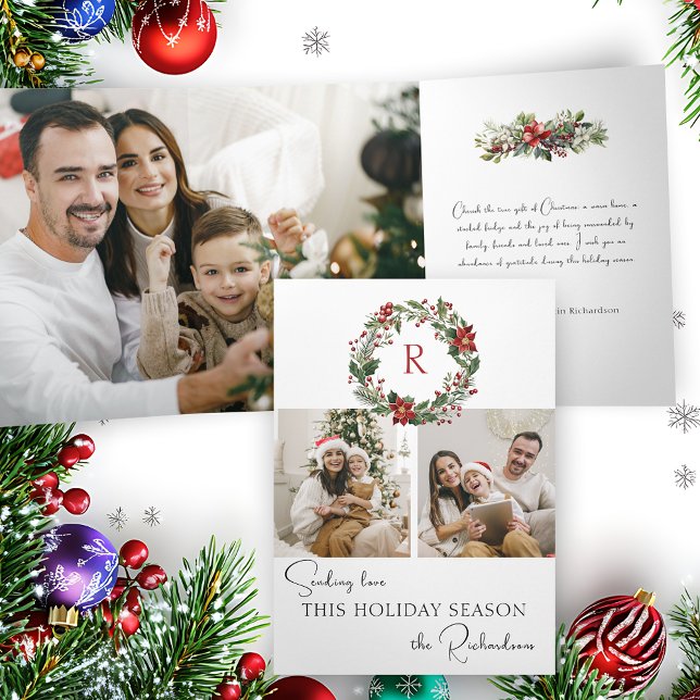 Elegant Winter Botanical Wreath w/Monogram 2-Photo Tri-Fold Holiday Card (Creator Uploaded)