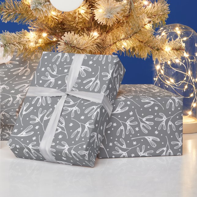 Elegant Winter Botanicals Grey & White Mistletoe Wrapping Paper (Holidays)