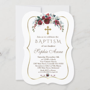 Elegant Winter Burgundy Floral Pine Gold Baptism Invitation