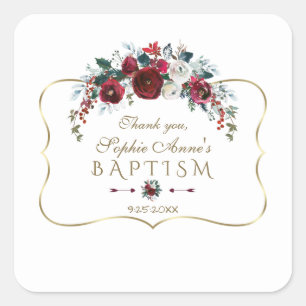 Elegant Winter Burgundy Floral Pine Gold Baptism Square Sticker