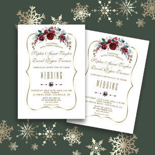 Elegant Winter Burgundy Floral Pine Gold Wedding Invitation
