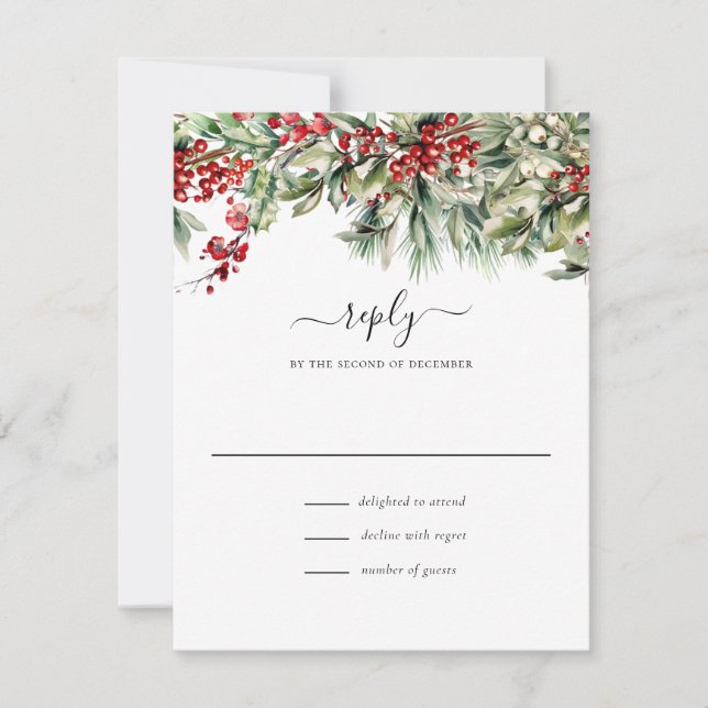 Elegant Winter Christmas Botanical Holiday Wedding RSVP Card (Front)
