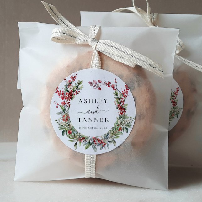 Elegant Winter Christmas Floral Wedding Classic Round Sticker (Creator Uploaded)