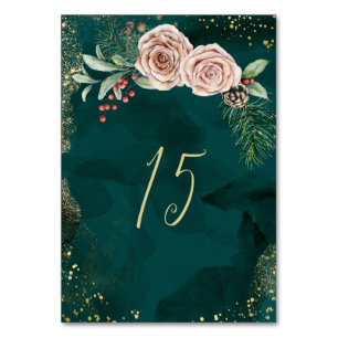 Elegant Winter Christmas Pink Roses Dark Green Table Number