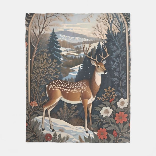 Elegant Winter Deer Nature Design Fleece Blanket (Front)