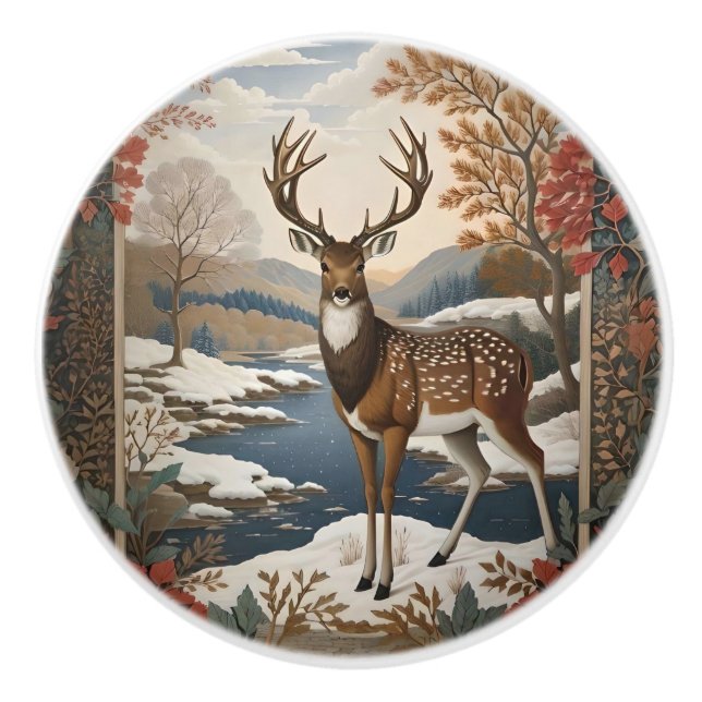 Elegant Winter Deer Winter Scene Ceramic Knob (Front)