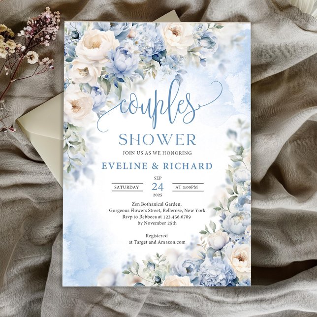 Elegant winter dusty blue and ivory couples shower invitation (Boho blue winter flowers greenery eucalyptus couples shower invitation)