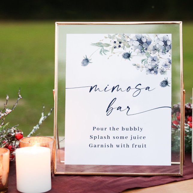 Elegant Winter Dusty Blue Foliage Mimosa Bar Poster (Creator Uploaded)