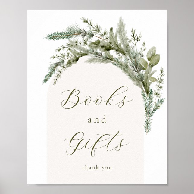Elegant Winter Evergreen Arch Books and Gifts Sign (Front)