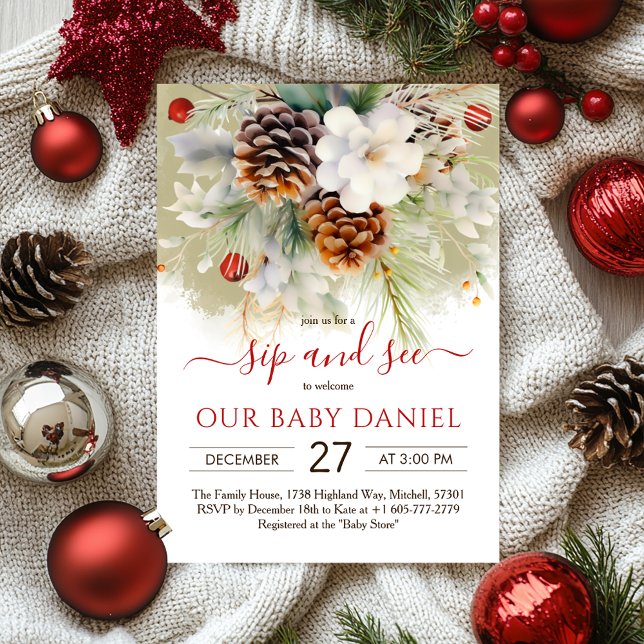 Elegant Winter Evergreen Baby Shower Sip & See Invitation (Elegant Winter Evergreen Baby Shower Sip & See Invitation)