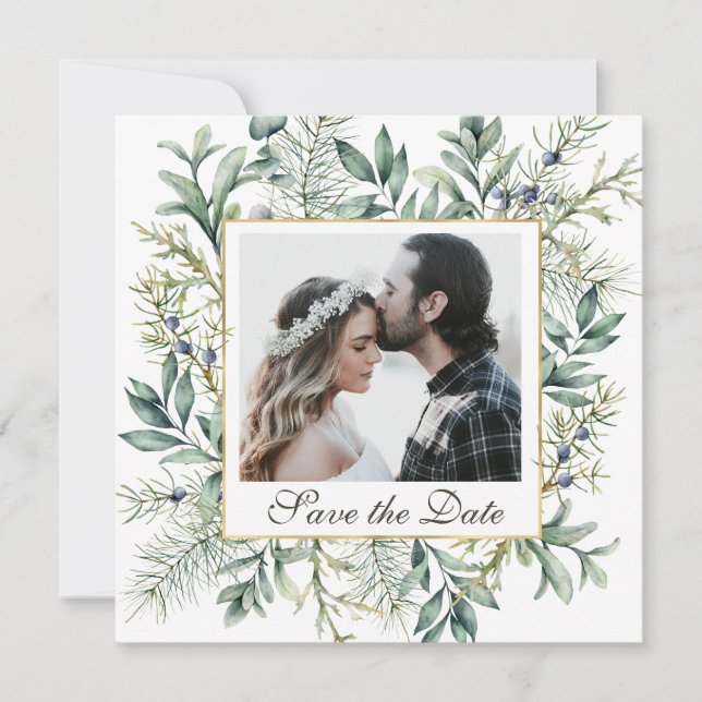 Elegant Winter Evergreen Eucalyptus Photo Wedding Save The Date (Front)