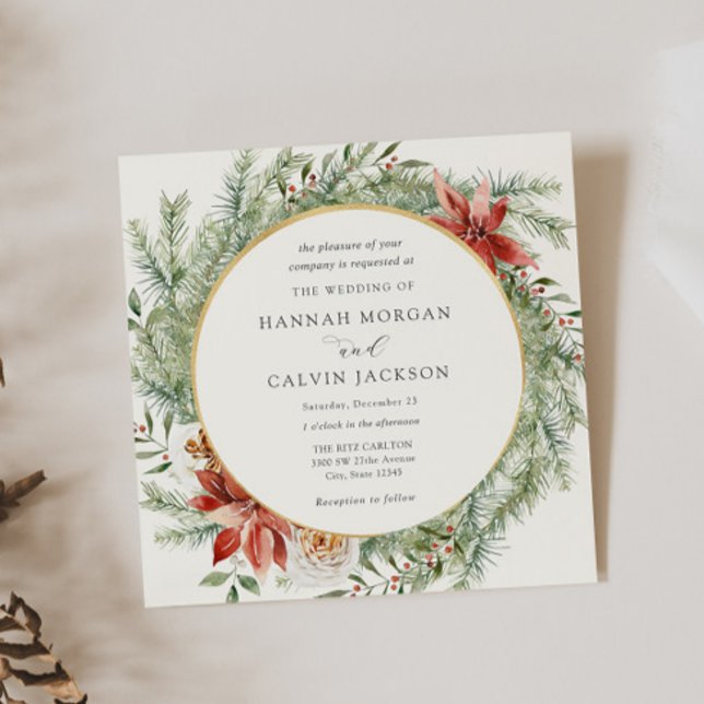 Elegant Winter Evergreen Poinsettia Wedding Invitation (Creator Uploaded)