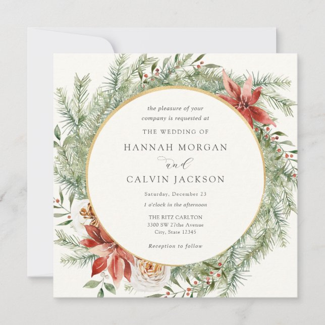 Elegant Winter Evergreen Poinsettia Wedding Invitation (Front)