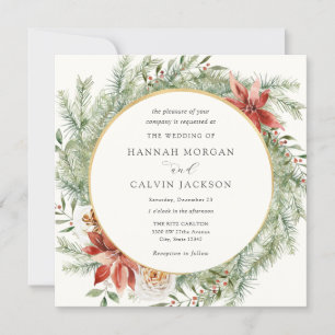 Elegant Winter Evergreen Poinsettia Wedding Invitation