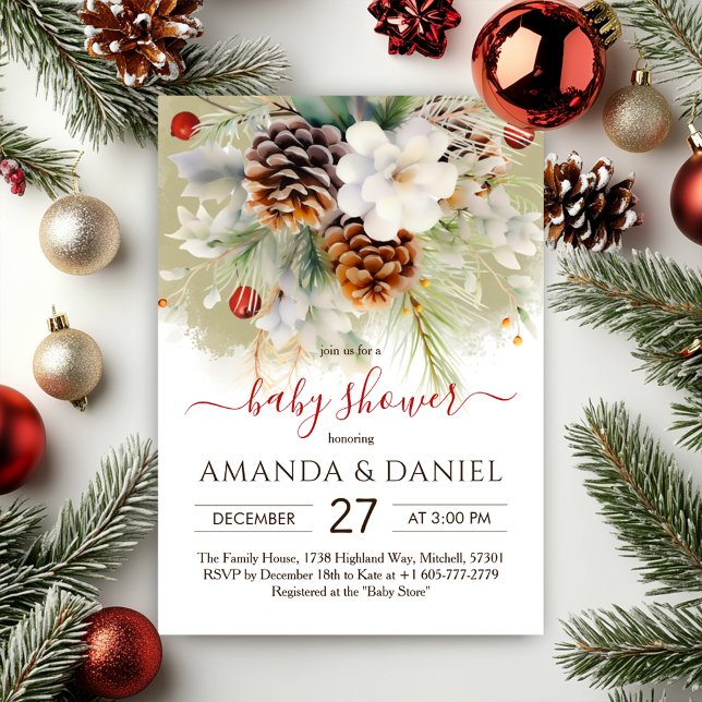 Elegant Winter Evergreen Watercolor Baby Shower Invitation (Elegant Winter Evergreen Watercolor Baby Shower Invitation)