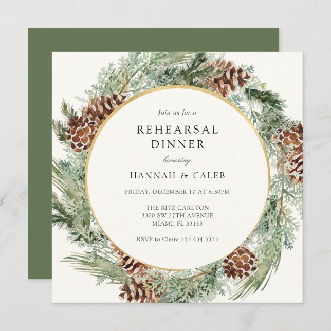 Elegant Winter Evergreen Wedding Rehearsal Dinner Invitation (Front/Back)