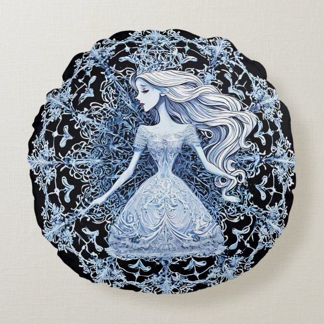 Elegant Winter Fantasy Dark Background Artistic Round Cushion (Front)