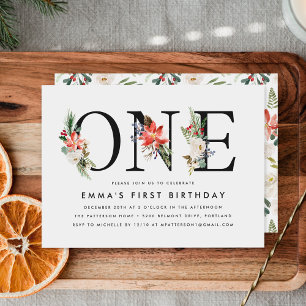 Elegant Winter Floral 1st Birthday Party Invitation