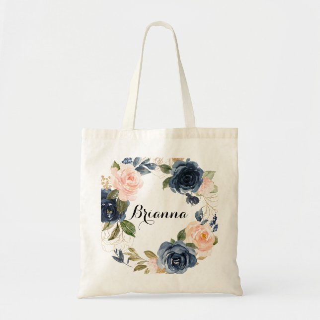 Elegant Winter Floral Calligraphy Bridesmaid Tote Bag (Front)