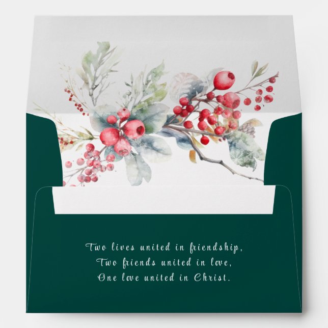 Elegant Winter Floral Christian Wedding Dark Green Envelope (Back (Bottom))
