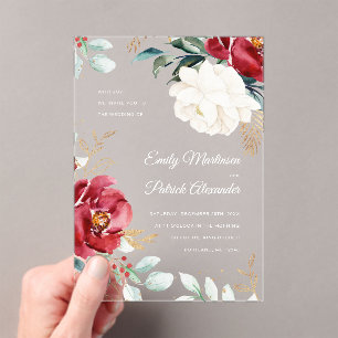 Elegant Winter Floral Christmas Wedding Acrylic Invitations