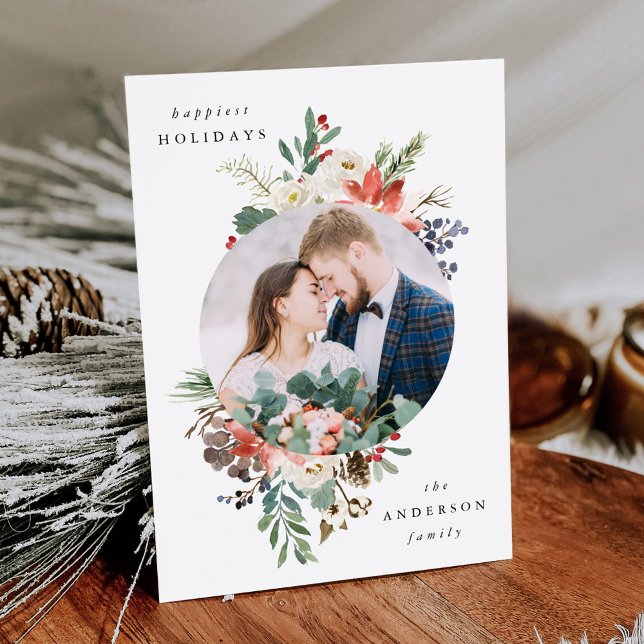 Elegant Winter Floral Circle Frame Photo Holiday Card (Creator Uploaded)