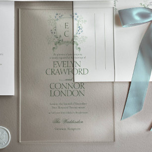 Elegant winter Floral Crest Wedding Acrylic Invitations