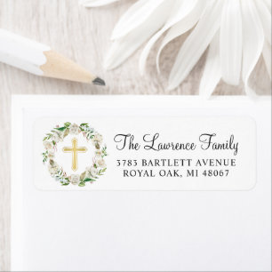 Elegant Winter Floral Gold Cross Return Address Label