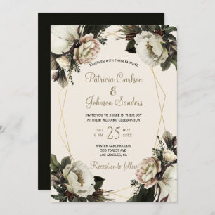 Elegant winter floral gold geometric wedding invitation
