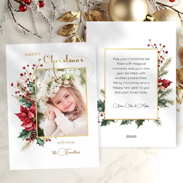 Elegant Winter Floral Gold Merry Christmas 1 Photo Holiday Card (Creator Uploaded)