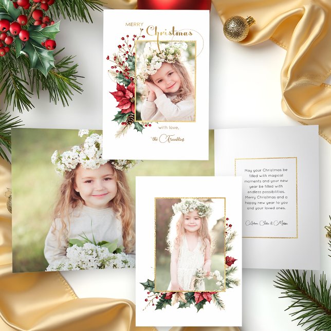 Elegant Winter Floral Gold Merry Christmas 1 Photo Tri-Fold Card (Creator Uploaded)