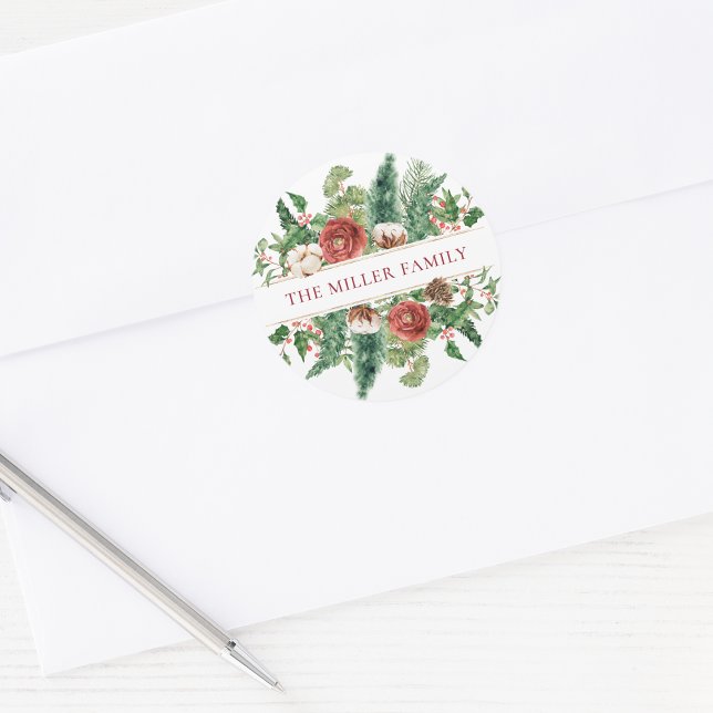 Elegant Winter Floral Holiday Classic Round Sticker (Elegant Green Red Cream Floral Holiday Classic  Personalized Round Sticker by Painted Paperie
)