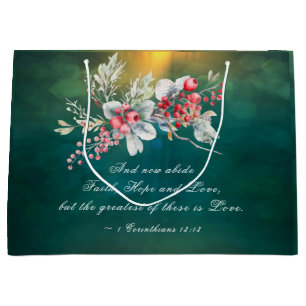 Elegant Winter Floral on Green Bible Wedding  Large Gift Bag