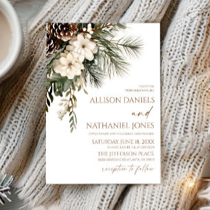 Elegant Winter Floral Pine Trees Wedding Invitation