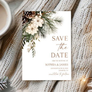 Elegant Winter Floral Pine Trees Wedding Save The Date
