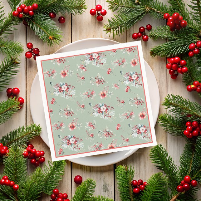 Elegant Winter Floral Red and Green Bridal Shower Napkin (Creator Uploaded)