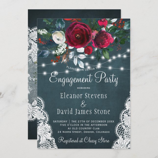 Elegant winter floral rustic engagement party invitation (Front/Back)